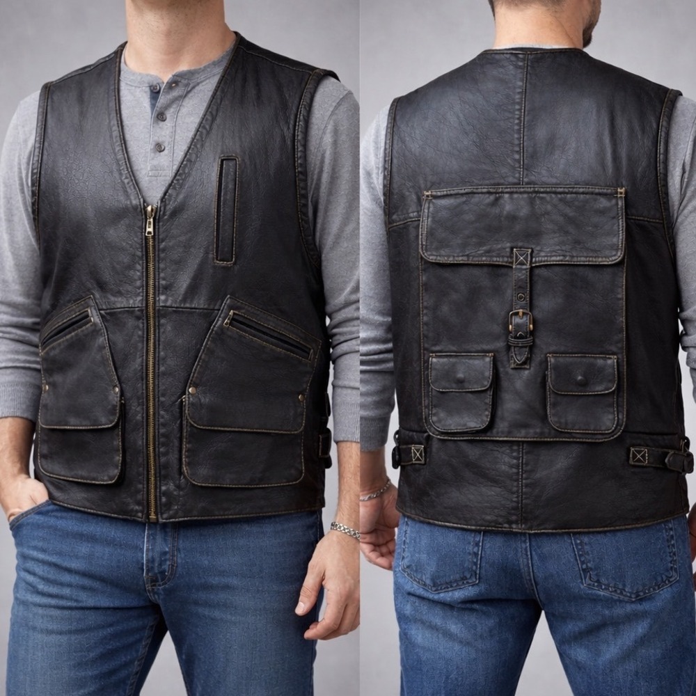 TKO Biker Vest Multi Pocket Utility Rucksack Mens XL Black‎ Leather  Back Zip Up